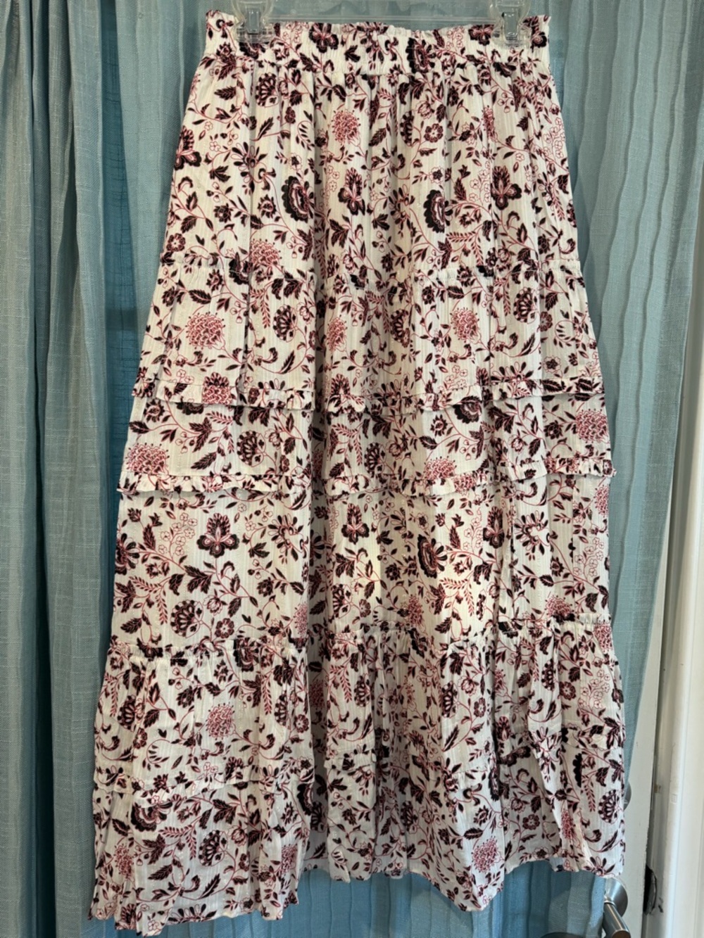 LOFT White Maxi Skirt with Burgundy Floral Print